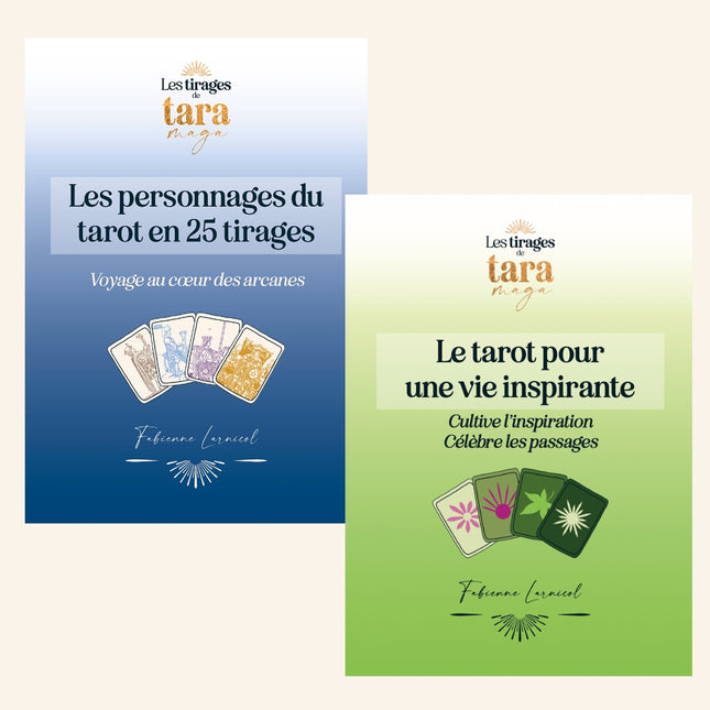 Couvertures des deux livrets TARA MAGA : Les personnages du tarot en 25 tirages et Le tarot pour une vie inspirante. 